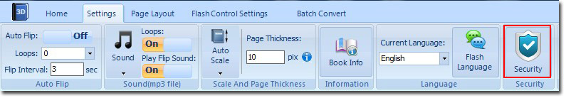 Click “Settings>Security” in the navigation bar in 3D PageFlip standard