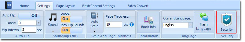 Click “Settings>Security” in the navigation bar in 3D PageFlip standard
