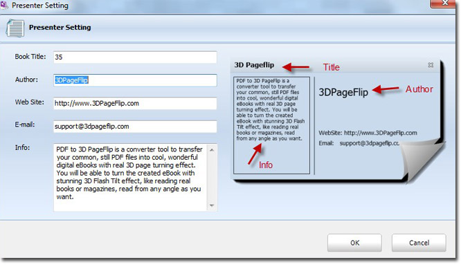 Input your company information in “Book Info” of page flip book