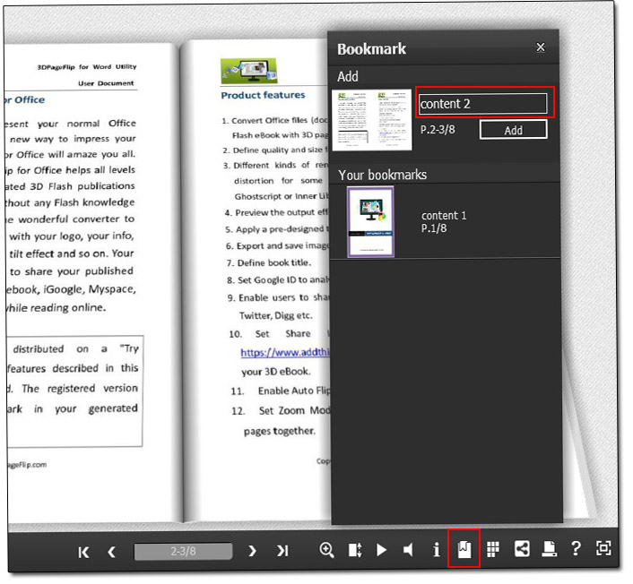 Can I add bookmark for office to 3D page flip book?