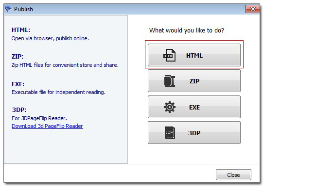 Choose HTML output format for online flipbook