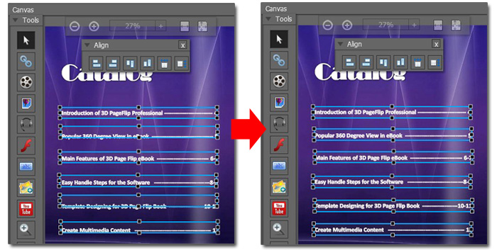 Align left edges for 3D eBook objects